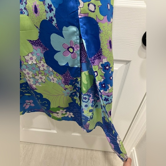 ASOS | Petite Satin Midi Tea Dress 8P Blue Green Abstract Floral Print - Picture 9 of 15